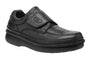 Shoe, black leather, Propet Scandia Strap; textured surface, wide hook-and-loop strap for easy adjustment; shown on white.