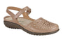 Sandal, beige leather, Naot Arataki with closed toe, floral cutouts, ankle strap, removable cushioned footbed.