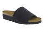 Sandal, black, Naot Alana with wide strap, cork-latex footbed, low wedge for support and comfort.