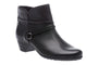 Boot, ABEO Maya Metatarsal, black leather, low heel, orthotic support, side strap detail.