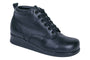 Boot, black leather lace-up, thick sole, comfort and support features, custom orthotic compatible. Drew Shoes.