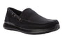 Loafer, black leather, Propet Viasol with rubber sole, side stitching; slip-on comfort design on white background.