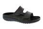 Sandal, black leather upper, Drew Shoes Cruize, two Velcro straps, textured rubber sole, side view.