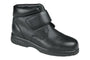 Shoe, black leather; Drew Shoes Big Easy with plantar fasciitis support, thick sole, wide hook-and-loop strap.
