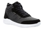 Athletic shoe, black mesh, Propet Viator Hi with white sole, black laces, breathable insole for comfort.