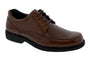 Shoe, brown leather Drew Shoes Park mens dress, black sole, orthotic-friendly, side view on white background.