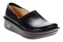 Clog, black leather; thick sole, removable footbed, butterfly logo at heel. Alegria Debra comfort footwear.