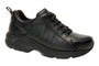 Shoe, black leather, thick sole and stitching, Drew Shoes Fusion with support features for plantar fasciitis.