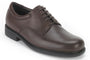Shoe, brown leather, Rockport Margin, lace-up dress-casual style with low heel and black sole, shown on white.
