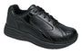 Shoe, black leather, Drew Shoes Force men’s walking, thick sole, plantar fasciitis support features, angled right.