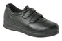 Shoe, Paradise II by Drew Shoes, black leather, wide toe box, rounded toe, two Velcro straps, visible side profile.