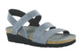 Sandal, gray Naot Kayla with toe straps, cork insole, arch support, and black wedge sole.