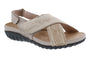 Sandal, beige leather, Bon Voyage by Drew Shoes, wide strap, Velcro closure, thick black rubber sole for support.