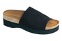 Slide sandal, black, suede-covered cork footbed, wide strap, thick platform sole. Naot Tampa.