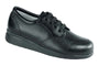 Oxford shoe in black leather, Drew Shoes New Villager, diabetic design with thick sole for support, on white background.