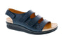 Sandal, navy leather, 3 Velcro straps, cushioned footbed for comfort, black sole. Drew Shoes Bonita.
