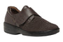 Shoe, Propet Olivia brown textured front, Velcro strap, black sole; supports custom orthotics and comfort.