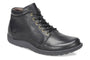 Boot, black leather, Born Nigel with gold eyelets, cushioned footbed, textured sole, side view.