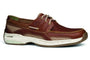 Boat shoe, brown leather with mesh panels, white stitching, lace detail, Dunham Captain with memory foam footbed.