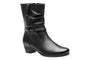Boot, black leather, ABEO Marsha mid-calf women’s with side zipper, low heel, studded strap. Comfort insole visible.