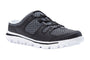 Slip-on sneaker, black mesh upper with white sole, Propet Travelactiv Slide, angled view on white background.