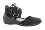 Sandal, black leather, closed toe, textured upper, side cutouts, laces; Naot Kata. APMA accepted for comfort support.