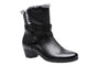 Boot, ABEO Melissa, black with faux fur trim, two buckle straps, arch support, low block heel.